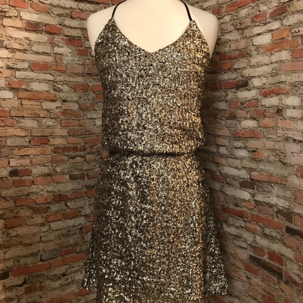 GOLD SEQUIN HALTER NECK DRESS